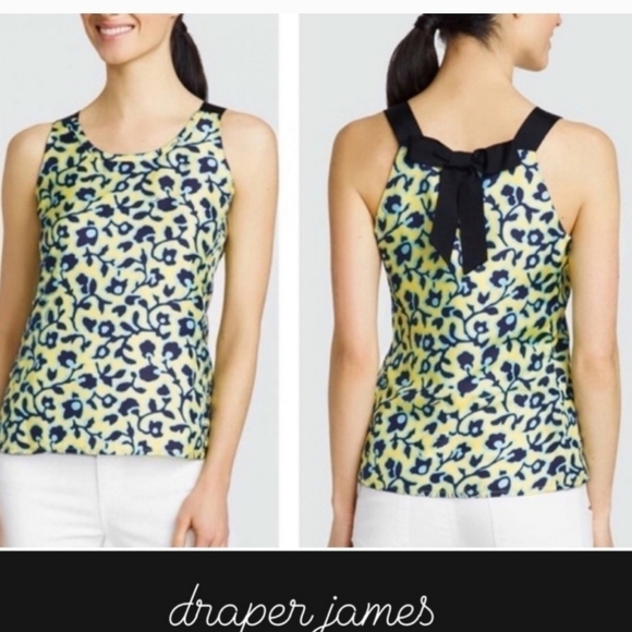 Draper James Silk Floral Patterned Tank 6 Lime Green Navy Grosgrain Straps Bow - Picture 1 of 5